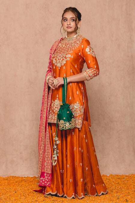 Surbhi Shah_Orange Silk, , Georgettelining Gota Floral Kurta Sharara Set _Online_at_Aza_Fashions