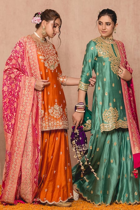 Buy_Surbhi Shah_Orange Silk, , Georgettelining Gota Floral Kurta Sharara Set _Online_at_Aza_Fashions
