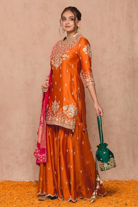 Shop_Surbhi Shah_Orange Silk, , Georgettelining Gota Floral Kurta Sharara Set _Online_at_Aza_Fashions