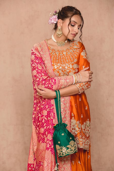 Surbhi Shah_Orange Silk, , Georgettelining Gota Floral Kurta Sharara Set _at_Aza_Fashions