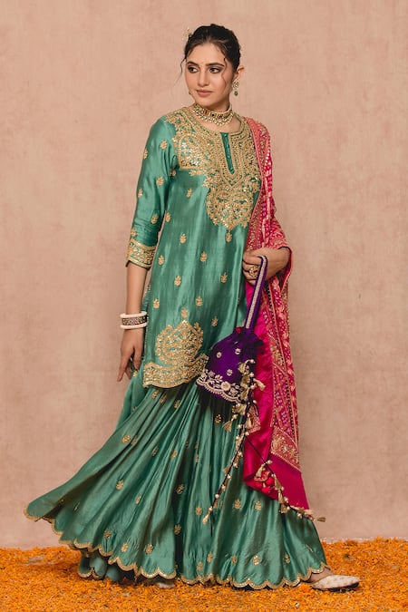 Surbhi Shah_Blue Cotton Embroidered Gota Work Round Floral Kurta Sharara Set  _Online_at_Aza_Fashions