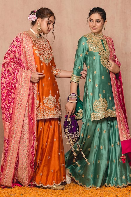 Buy_Surbhi Shah_Blue Cotton Embroidered Gota Work Round Floral Kurta Sharara Set  _Online_at_Aza_Fashions