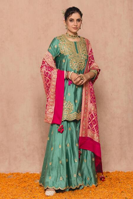 Shop_Surbhi Shah_Blue Cotton Embroidered Gota Work Round Floral Kurta Sharara Set  _Online_at_Aza_Fashions