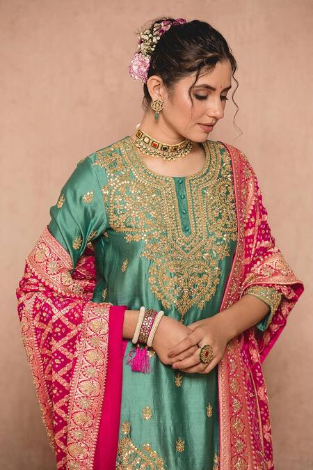 Surbhi Shah_Blue Cotton Embroidered Gota Work Round Floral Kurta Sharara Set  _at_Aza_Fashions