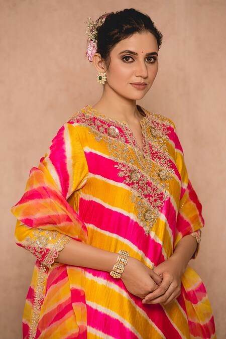 Shop Surbhi Shah Yellow Cotton Embroidered Thread Work Round Notched Leheriya Kurta Set Online at Aza Fashions Shop_Surbhi Shah_Yellow Cotton Embroidered Thread Work Round Notched Leheriya Kurta Set _Online_at_Aza_Fashions