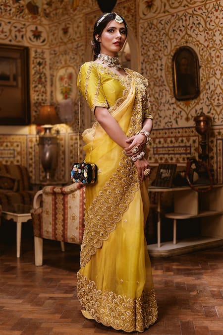 Surbhi Shah Yellow Organza Embroidered Floral Motifs V Ombre Saree With Blouse  