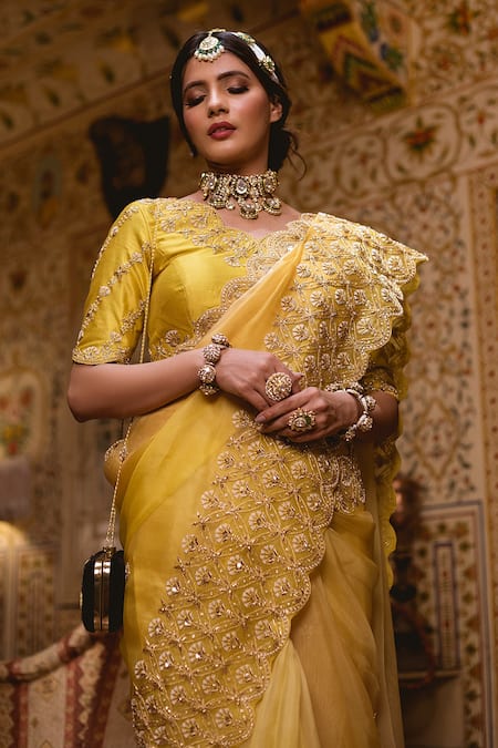 Shop Surbhi Shah Yellow Organza Floral Motifs V Neck Ombre Saree With Blouse at Aza Fashions Shop_Surbhi Shah_Yellow Organza Floral Motifs V Neck Ombre Saree With Blouse _at_Aza_Fashions