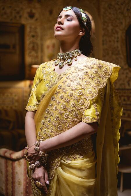 Buy Surbhi Shah Yellow Organza Floral Motifs V Neck Ombre Saree With Blouse Online at Aza Fashions Buy_Surbhi Shah_Yellow Organza Floral Motifs V Neck Ombre Saree With Blouse _Online_at_Aza_Fashions