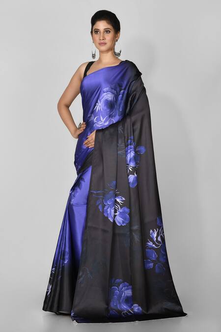 Sangria Navy Blue Gold-Toned Silk Blend Ruffle Saree – Inddus.com