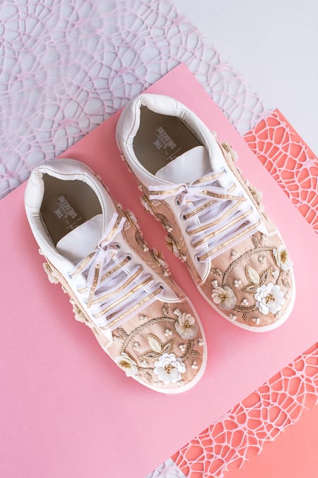 Buy Beige Embellished Floral Sneakers by The Saree Sneakers Online