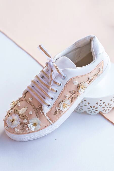 Shop The Saree Sneakers Beige Floral Embellished Sneakers Online at Aza Fashions Shop_The Saree Sneakers_Beige Floral Embellished Sneakers _Online_at_Aza_Fashions