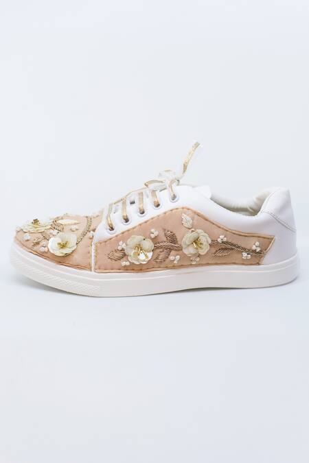 The Saree Sneakers Beige Floral Embellished Sneakers at Aza Fashions The Saree Sneakers_Beige Floral Embellished Sneakers _at_Aza_Fashions