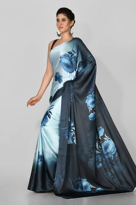 Grey Color Satin Flower Printed Saree