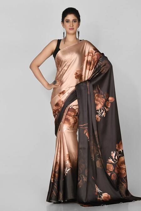 Nazaakat by Samara Singh - Black Satin Printed Floral Saree For Women