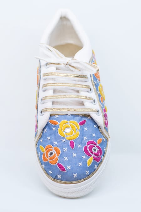 Shop The Saree Sneakers Blue Embellished Floral Sneakers at Aza Fashions Shop_The Saree Sneakers_Blue Embellished Floral Sneakers _at_Aza_Fashions