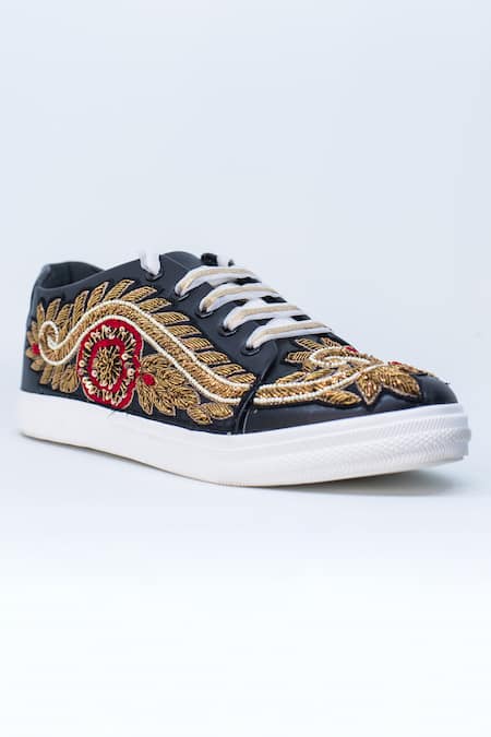 The Saree Sneakers_Black Floral Embellished Sneakers _Online_at_Aza_Fashions