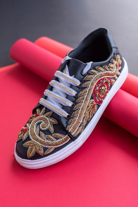Shop_The Saree Sneakers_Black Floral Embellished Sneakers _Online_at_Aza_Fashions