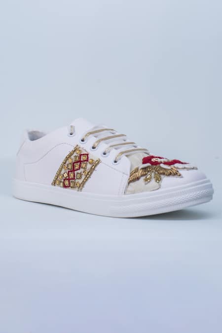 The Saree Sneakers Red Embellished Floral Sneakers at Aza Fashions The Saree Sneakers_Red Embellished Floral Sneakers _at_Aza_Fashions
