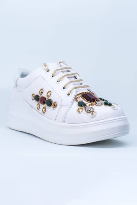 Shop The Saree Sneakers White Embellished Stone Sneakers at Aza Fashions Shop_The Saree Sneakers_White Embellished Stone Sneakers _at_Aza_Fashions