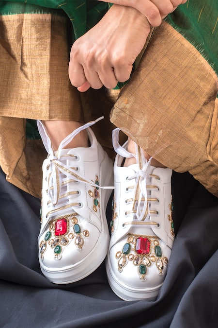 The Saree Sneakers White Embellished Stone Sneakers Online at Aza Fashions The Saree Sneakers_White Embellished Stone Sneakers _Online_at_Aza_Fashions