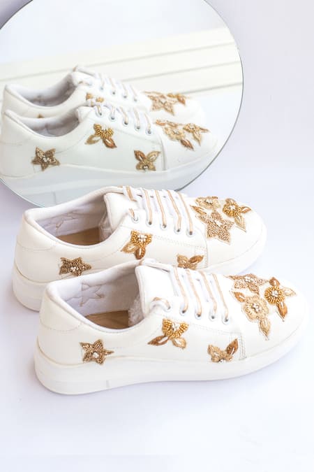 The Saree Sneakers_White Floral Embroidered Sneakers _Online_at_Aza_Fashions