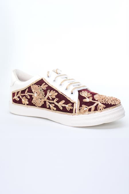 The Saree Sneakers_White Floral Embroidered Sneakers _Online_at_Aza_Fashions