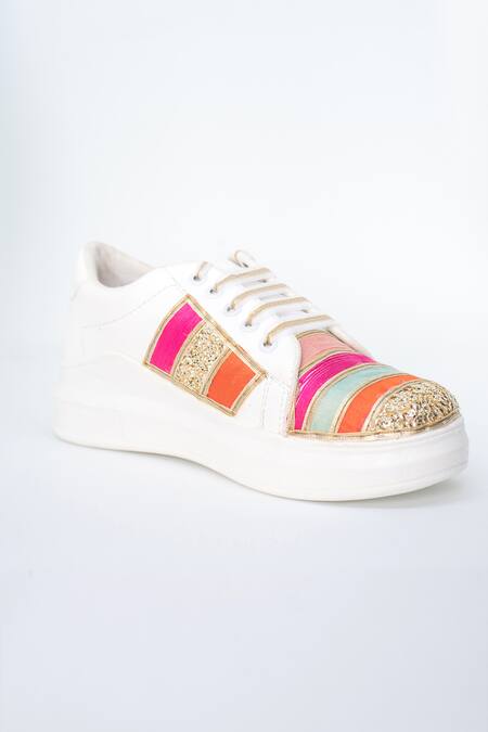 The Saree Sneakers_White Embroidered Striped Sneakers _Online_at_Aza_Fashions