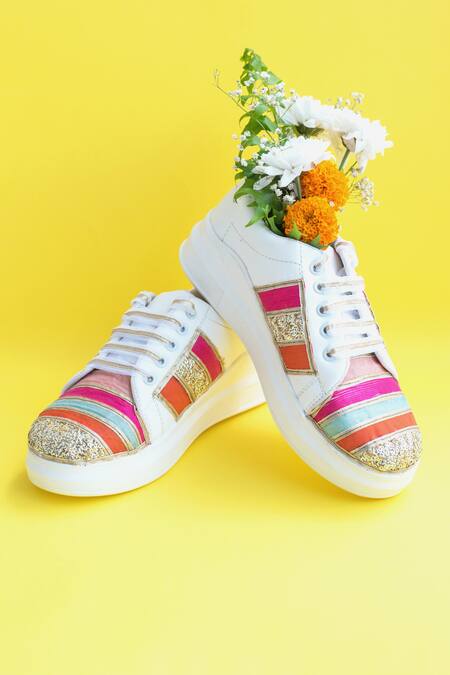 Buy_The Saree Sneakers_White Embroidered Striped Sneakers _Online_at_Aza_Fashions