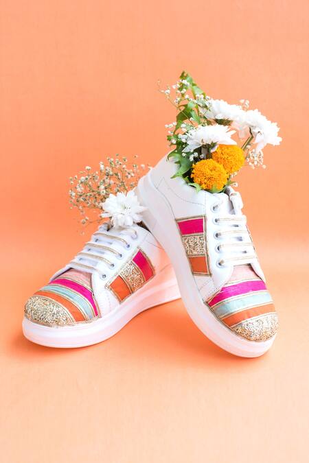 Shop_The Saree Sneakers_White Embroidered Striped Sneakers _Online_at_Aza_Fashions