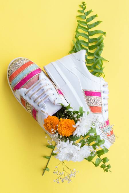 The Saree Sneakers_White Embroidered Striped Sneakers _at_Aza_Fashions