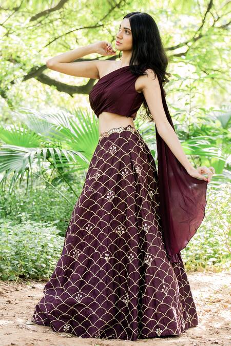 Salt And Spring_Purple Chanderi And Crepe Jaal One Embroidered Lehenga & Draped Blouse Set _Online_at_Aza_Fashions