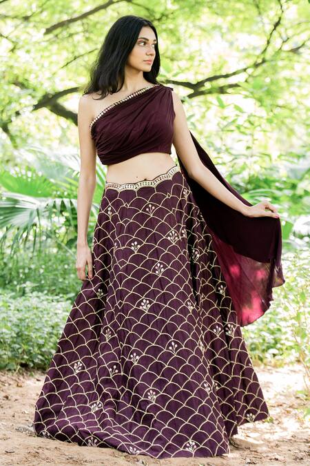Buy_Salt And Spring_Purple Chanderi And Crepe Jaal One Embroidered Lehenga & Draped Blouse Set _Online_at_Aza_Fashions