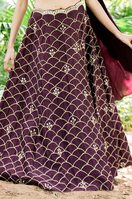 Shop_Salt And Spring_Purple Chanderi And Crepe Jaal One Embroidered Lehenga & Draped Blouse Set _Online_at_Aza_Fashions