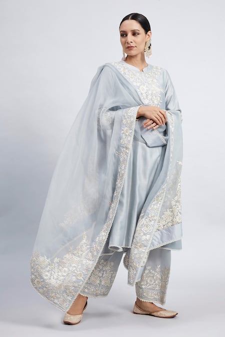 Sheetal Batra_Blue Kurta Chanderi  Salwar Bamber Satin Dupatta Kaina Set _Online_at_Aza_Fashions