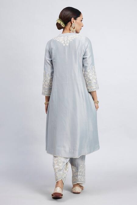Shop_Sheetal Batra_Blue Kurta Chanderi  Salwar Bamber Satin Dupatta Kaina Set _at_Aza_Fashions