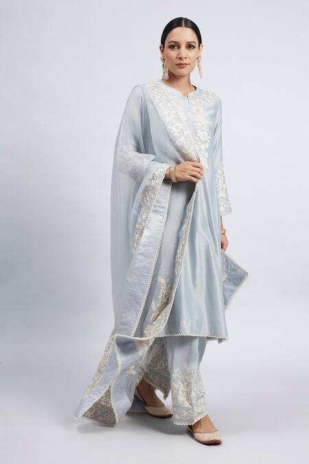 Buy_Sheetal Batra_Blue Kurta Chanderi  Salwar Bamber Satin Dupatta Kaina Set _Online_at_Aza_Fashions