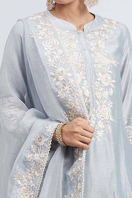 Shop_Sheetal Batra_Blue Kurta Chanderi  Salwar Bamber Satin Dupatta Kaina Set _Online_at_Aza_Fashions