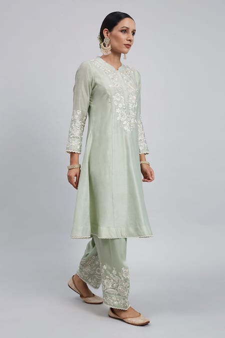 Sheetal Batra_Green Kurta Chanderi  Salwar Bamber Satin Dupatta Kaina Set_Online_at_Aza_Fashions