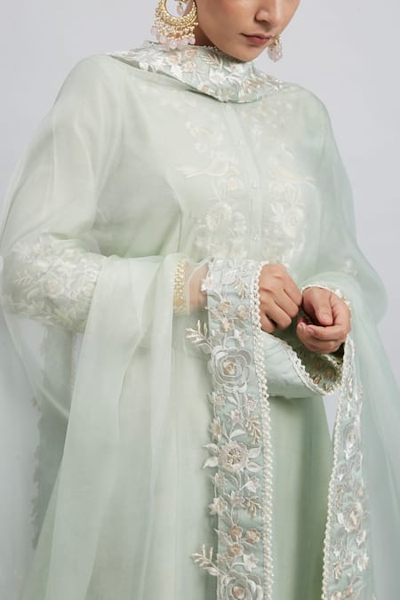 Shop_Sheetal Batra_Green Kurta Chanderi  Salwar Bamber Satin Dupatta Kaina Set_Online_at_Aza_Fashions