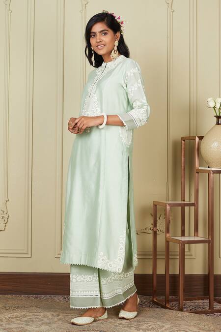 Sheetal Batra_Green Kurta Silk Chanderi Palazzo Cambric Dori Work Banafsha Straight And Set_Online_at_Aza_Fashions