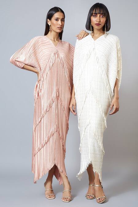 Buy_Scarlet Sage_Pink Polyester Metallic Fringe Dress_Online_at_Aza_Fashions