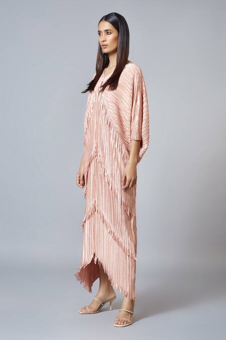 Shop_Scarlet Sage_Pink Polyester Metallic Fringe Dress_Online_at_Aza_Fashions