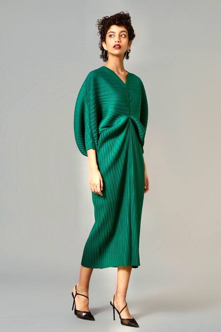 Scarlet Sage_Green Polyester Aika Monotone Dress_Online_at_Aza_Fashions