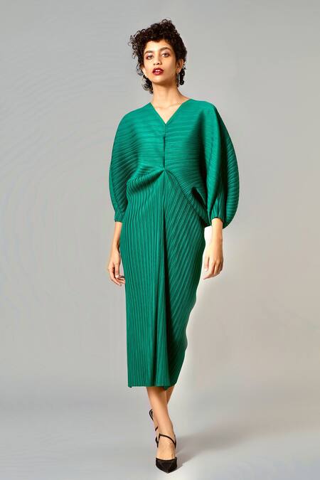 Buy_Scarlet Sage_Green Polyester Aika Monotone Dress_Online_at_Aza_Fashions