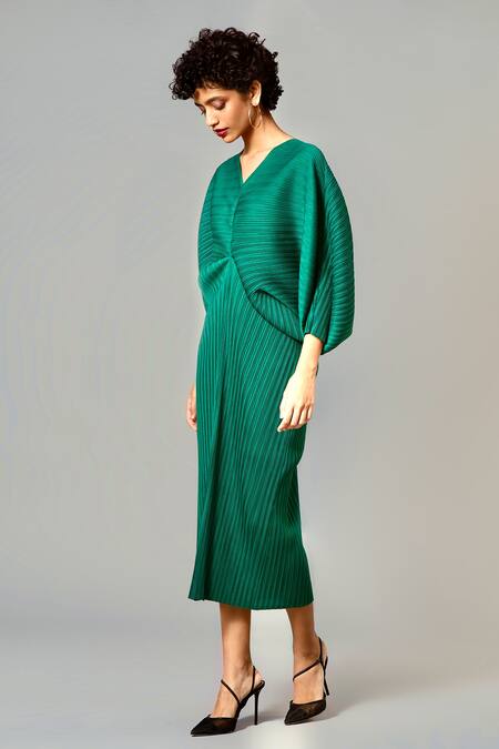 Shop_Scarlet Sage_Green Polyester Aika Monotone Dress_Online_at_Aza_Fashions