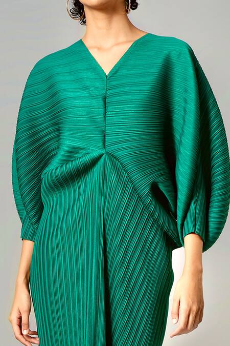 Scarlet Sage_Green Polyester Aika Monotone Dress_at_Aza_Fashions