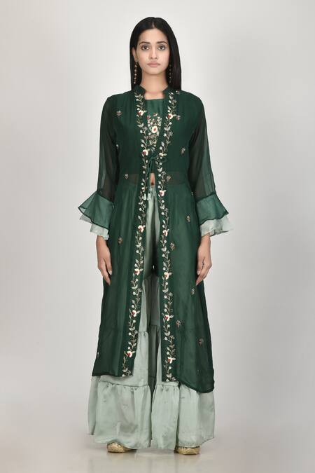 Buy_Naintara Bajaj_Green Top Embroidered Jacket And Sharara Set_Online_at_Aza_Fashions