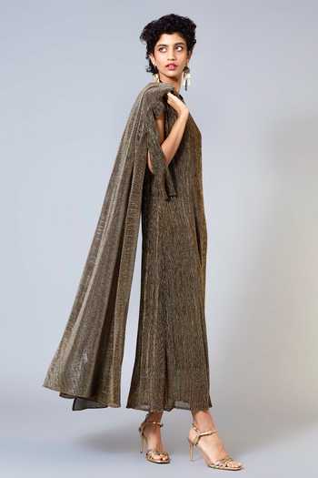Scarlet Sage_Gold Polyester Cynthia Dress With Jacket_Online_at_Aza_Fashions
