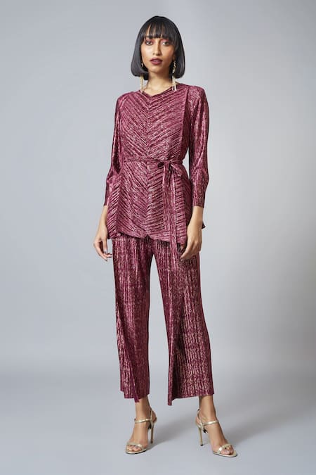 Scarlet Sage Gold Polyester Metallic Pleated Top And Pant Set