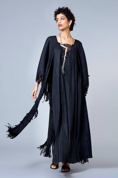 Scarlet Sage Black Pleated Fringe Kaftan 3
